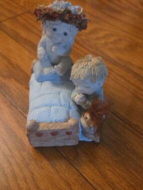 Handcrafted Blue Ceramic Angel & Child Figurine